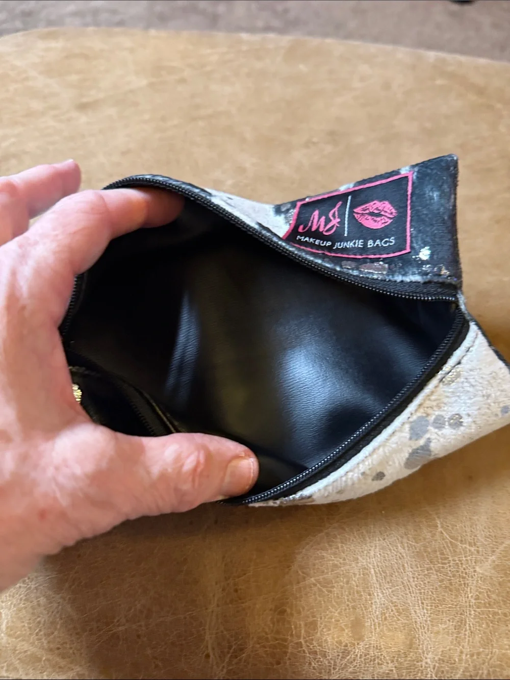 Makeup Junkie Black & White Cowhide Zip Pouch with Tassel